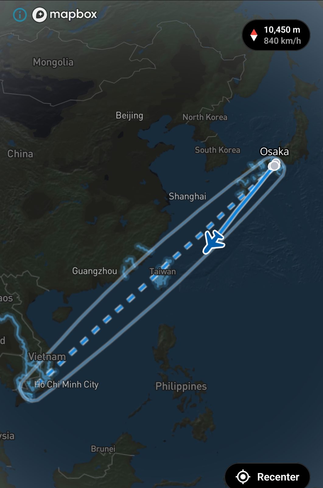 Flyover Country の画面。東シナ海の上空、高度10,450m