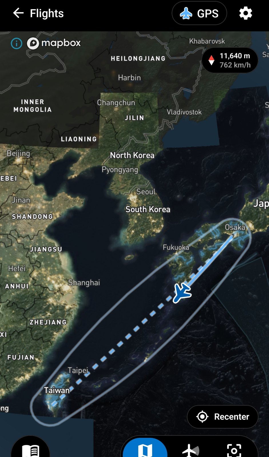 九州の南を抜けたあたり。高度11,640m