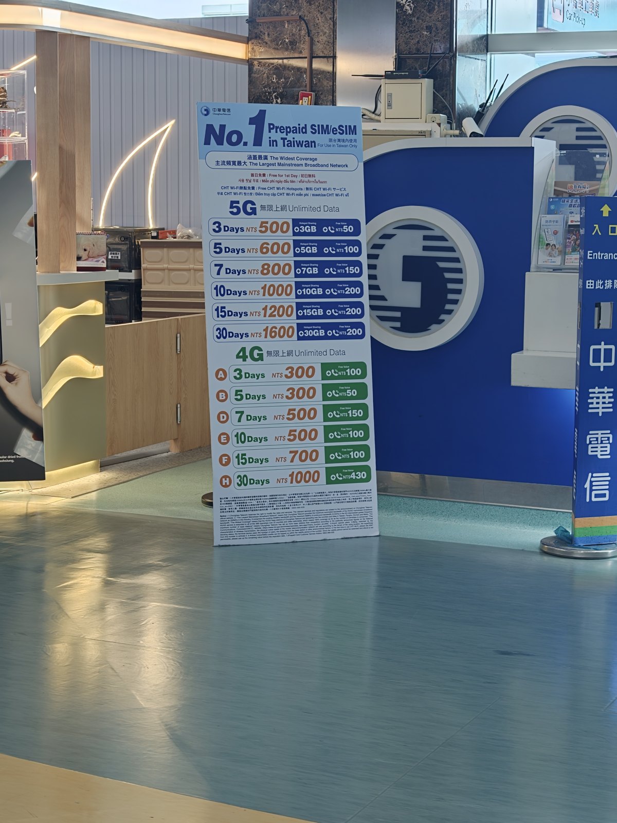 到着ロビーの中華電信のカウンターと、SIM・eSIMの料金の掲示
